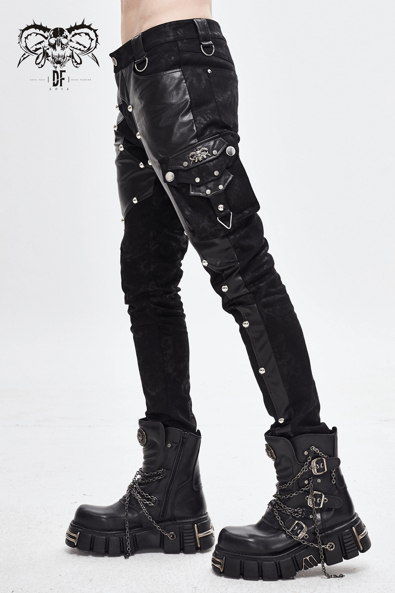Men's Faux Leather Zipper Trousers With Pockets / Asymmetric Rivets Spliced Pants in Punk Style