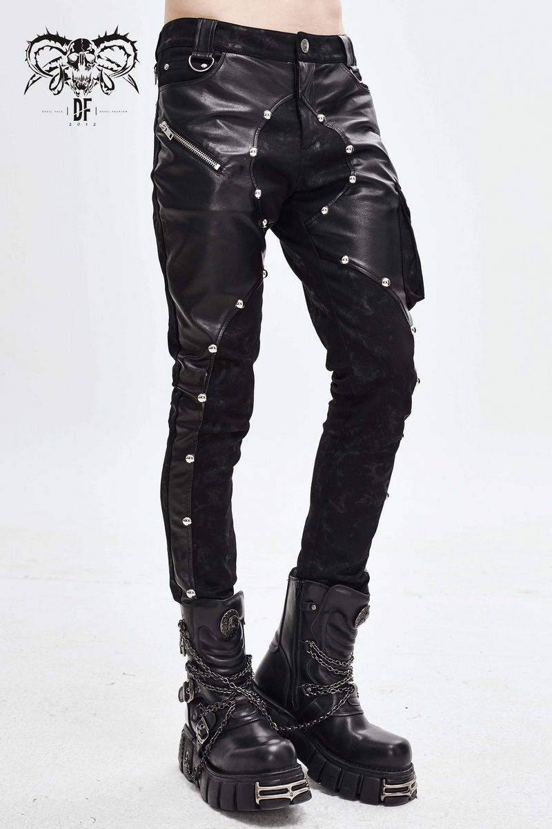 Men's Faux Leather Zipper Trousers With Pockets / Asymmetric Rivets Spliced Pants in Punk Style