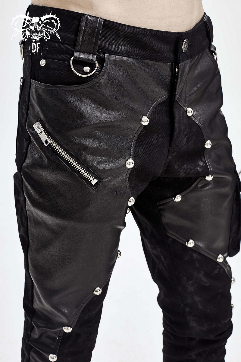 Men's Faux Leather Zipper Trousers With Pockets / Asymmetric Rivets Spliced Pants in Punk Style