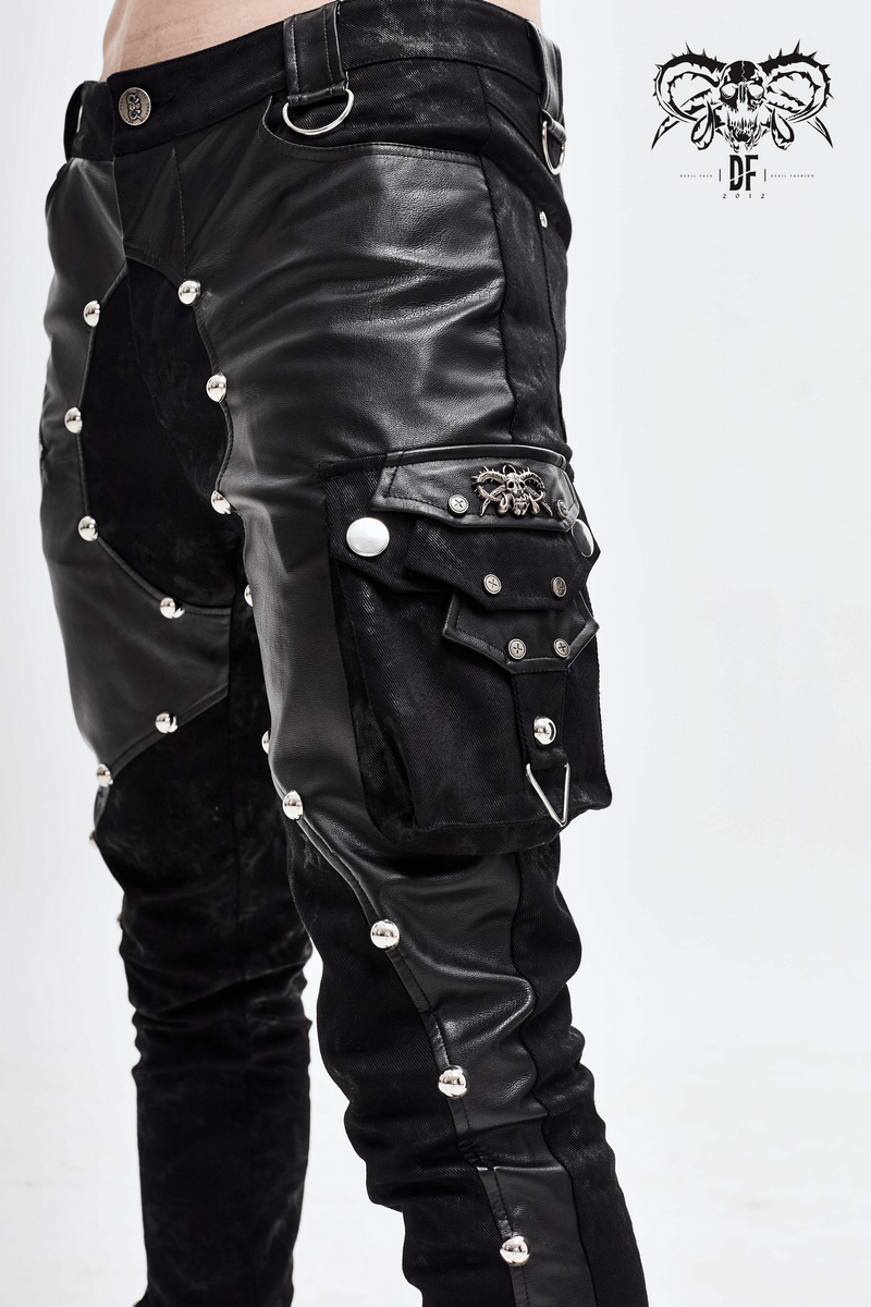 Men's Faux Leather Zipper Trousers With Pockets / Asymmetric Rivets Spliced Pants in Punk Style