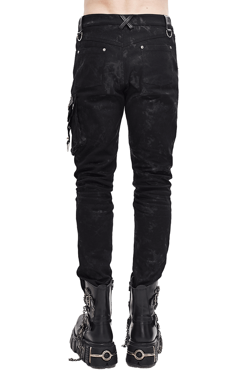 Men's Faux Leather Zipper Trousers With Pockets / Asymmetric Rivets Spliced Pants in Punk Style