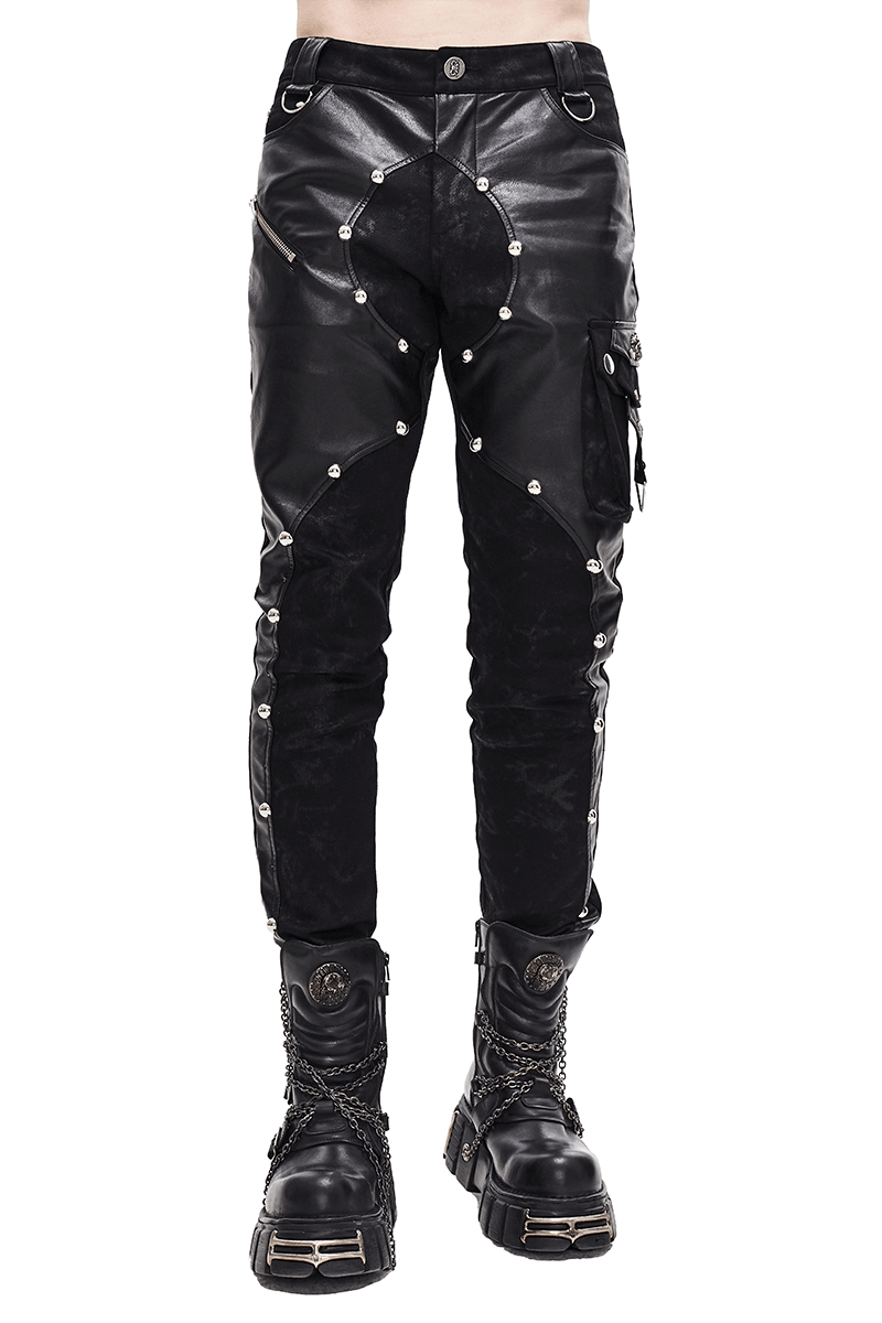 Men's Faux Leather Zipper Trousers With Pockets / Asymmetric Rivets Spliced Pants in Punk Style