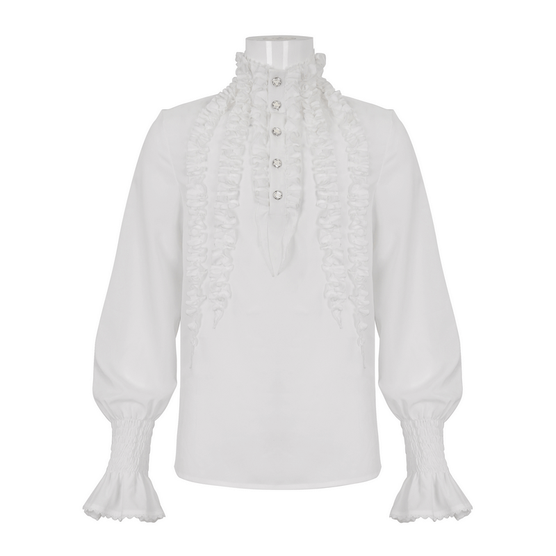 Men's Frilly White Shirts With Buttons on Front / Vintage Long Sleeves Clothes with Ruffled Cuffs