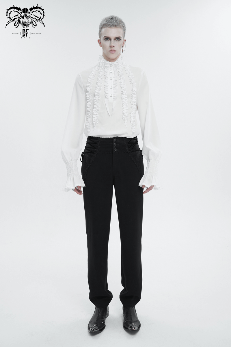 Men's Frilly White Shirts With Buttons on Front / Vintage Long Sleeves Clothes with Ruffled Cuffs