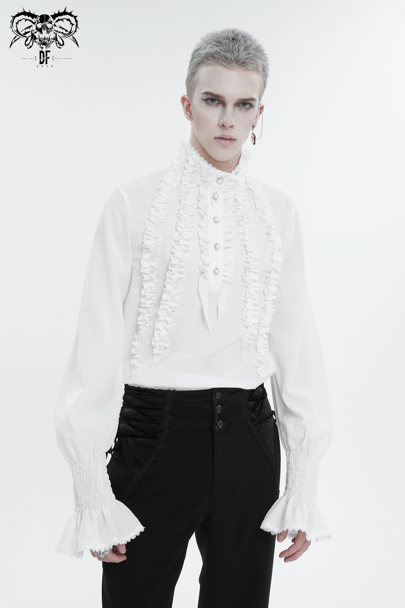 Men's Frilly White Shirts With Buttons on Front / Vintage Long Sleeves Clothes with Ruffled Cuffs