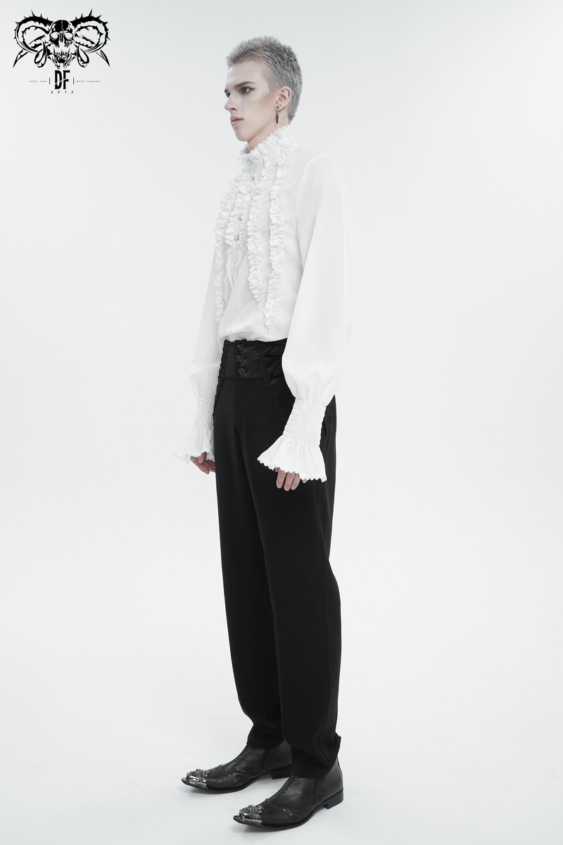 Men's Frilly White Shirts With Buttons on Front / Vintage Long Sleeves Clothes with Ruffled Cuffs