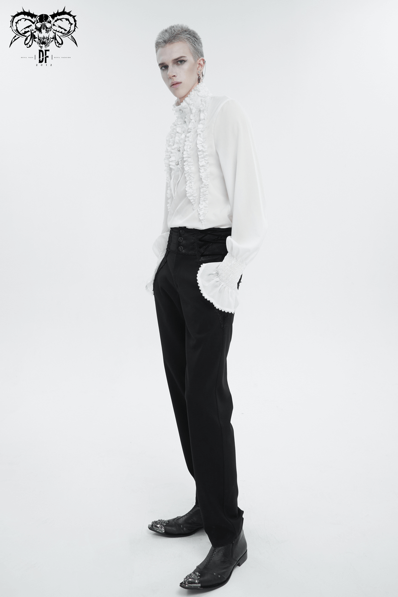 Men's Frilly White Shirts With Buttons on Front / Vintage Long Sleeves Clothes with Ruffled Cuffs