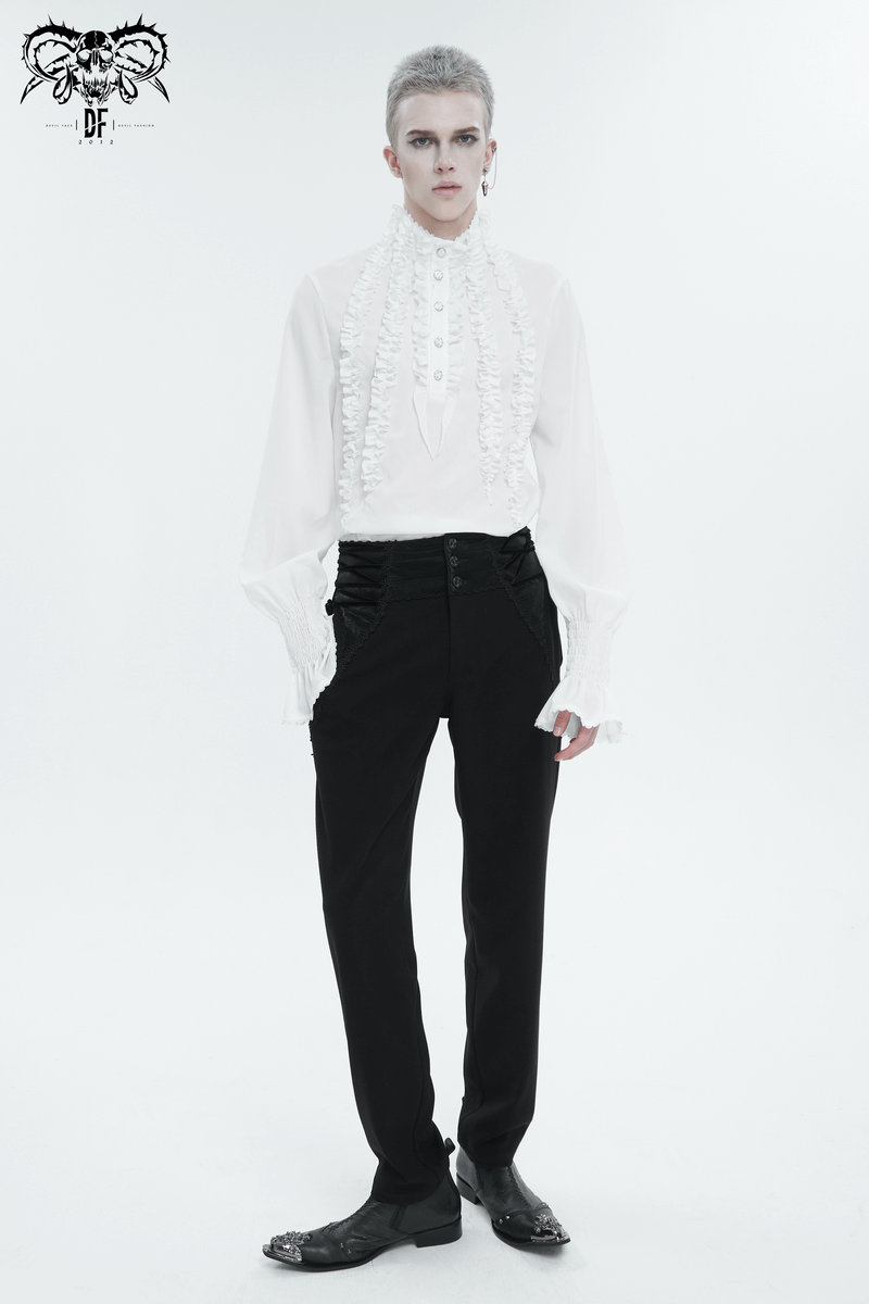 Men's Frilly White Shirts With Buttons on Front / Vintage Long Sleeves Clothes with Ruffled Cuffs