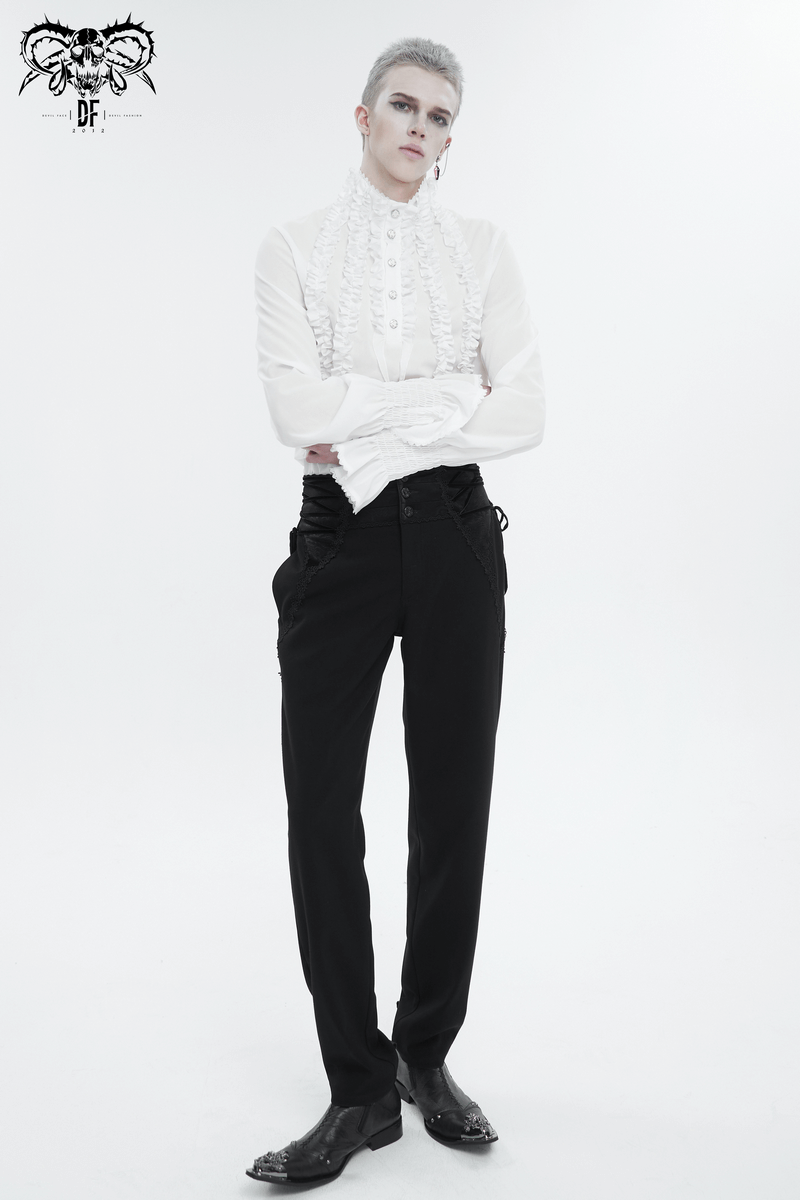 Men's Frilly White Shirts With Buttons on Front / Vintage Long Sleeves Clothes with Ruffled Cuffs