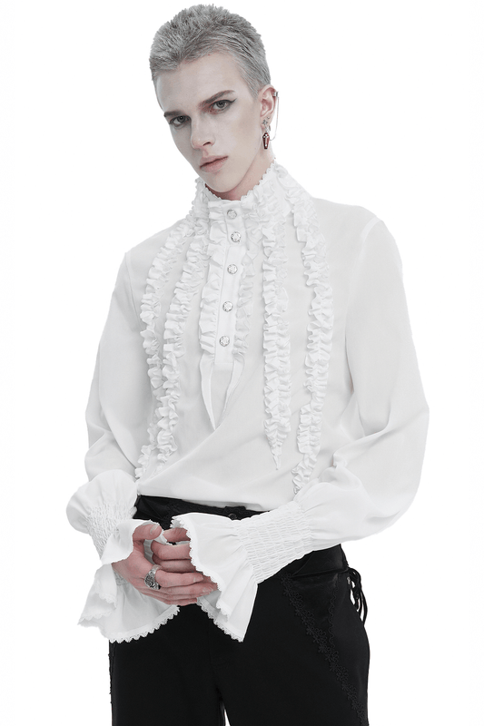 Men's Frilly White Shirts With Buttons on Front / Vintage Long Sleeves Clothes with Ruffled Cuffs