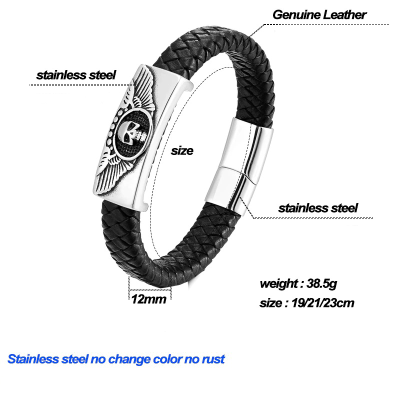Men's Genuine Leather Bracelet with Skull & Magnetic Buckle / Punk Style Stainless Steel Jewelry