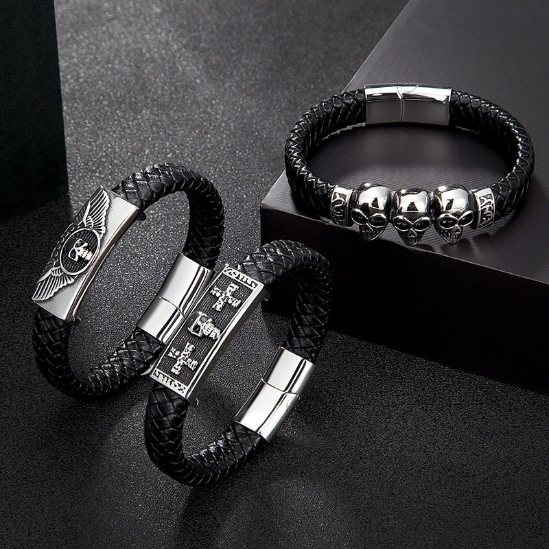 Men's Genuine Leather Bracelet with Skull & Magnetic Buckle / Punk Style Stainless Steel Jewelry