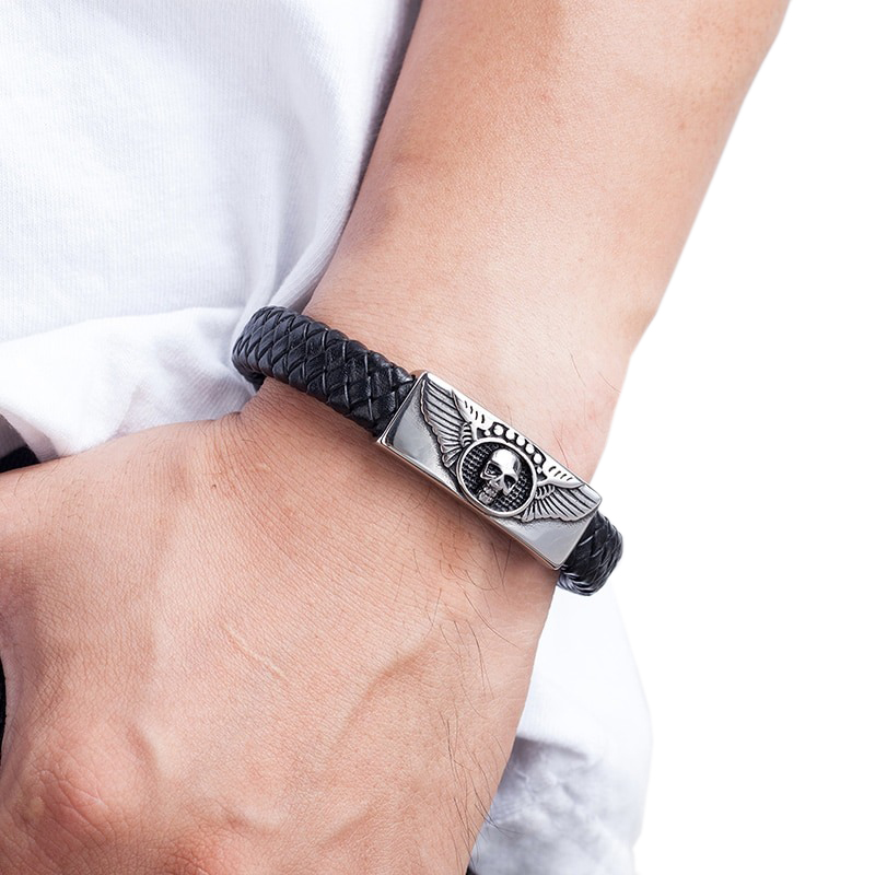 Men's Genuine Leather Bracelet with Skull & Magnetic Buckle / Punk Style Stainless Steel Jewelry