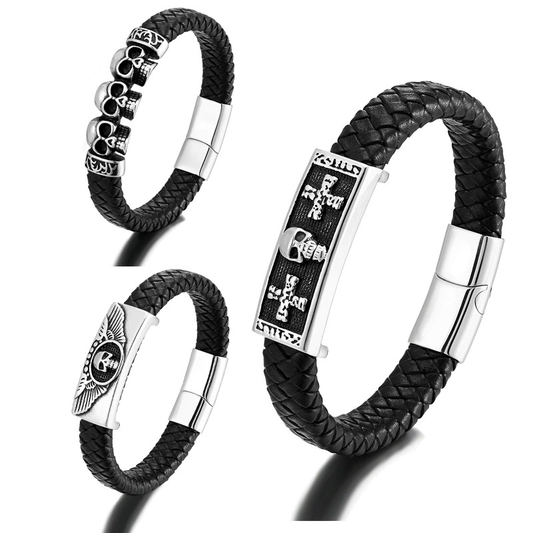 Men's Genuine Leather Bracelet with Skull & Magnetic Buckle / Punk Style Stainless Steel Jewelry