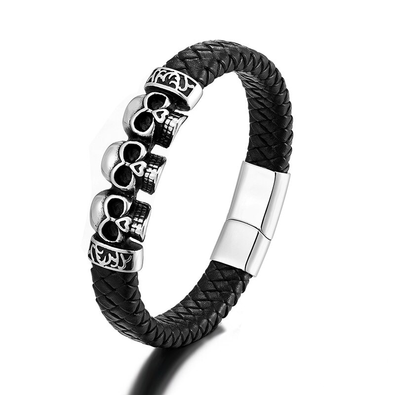 Men's Genuine Leather Bracelet with Skull & Magnetic Buckle / Punk Style Stainless Steel Jewelry