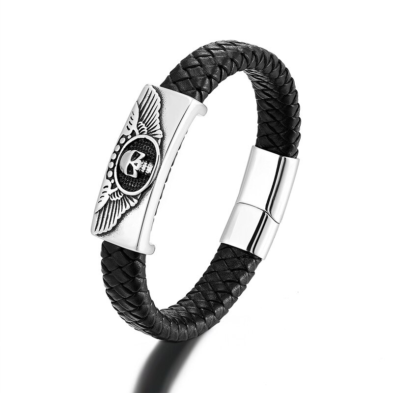 Men's Genuine Leather Bracelet with Skull & Magnetic Buckle / Punk Style Stainless Steel Jewelry