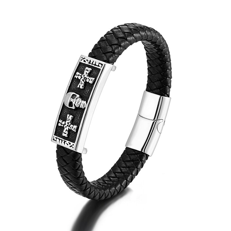 Men's Genuine Leather Bracelet with Skull & Magnetic Buckle / Punk Style Stainless Steel Jewelry
