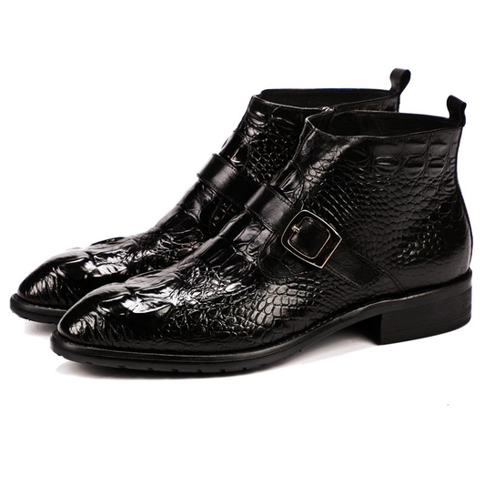 Men's Genuine Leather Buckle Belt Shoes / Retro Male Pointed Toe Zip Boots