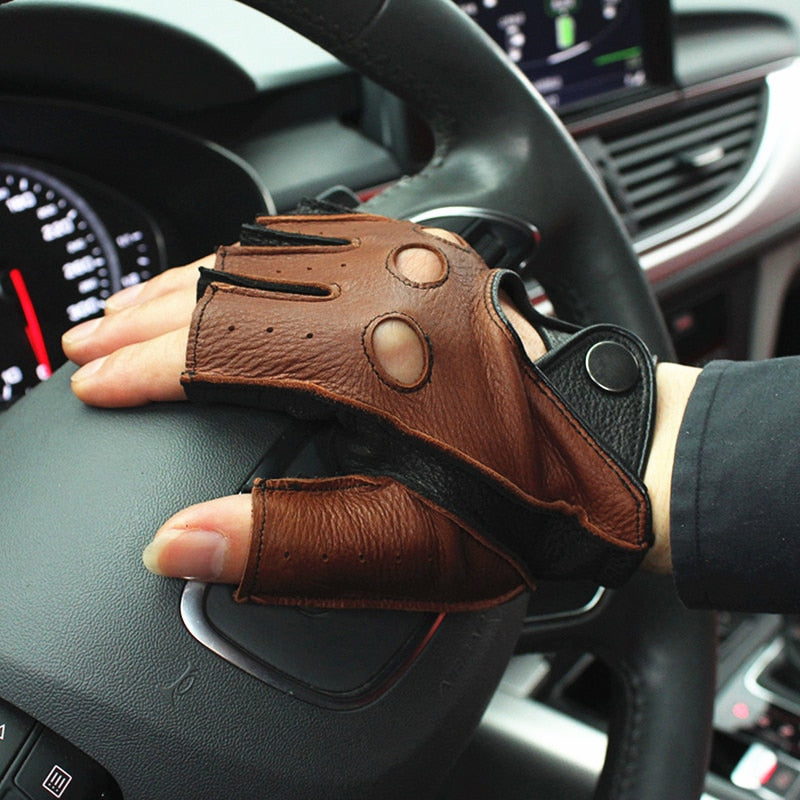 Men's Genuine Leather Gloves / Deerskin Fingerless Gloves / Rock 'n' Roll Driving Half finger