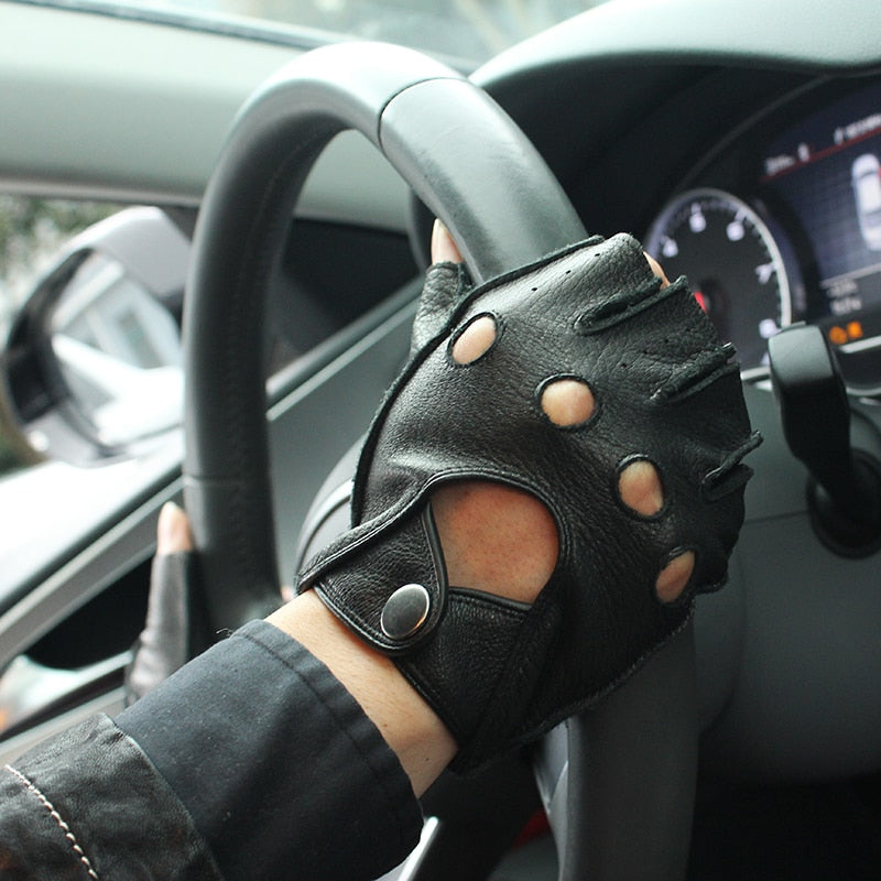 Men's Genuine Leather Gloves / Deerskin Fingerless Gloves / Rock 'n' Roll Driving Half finger