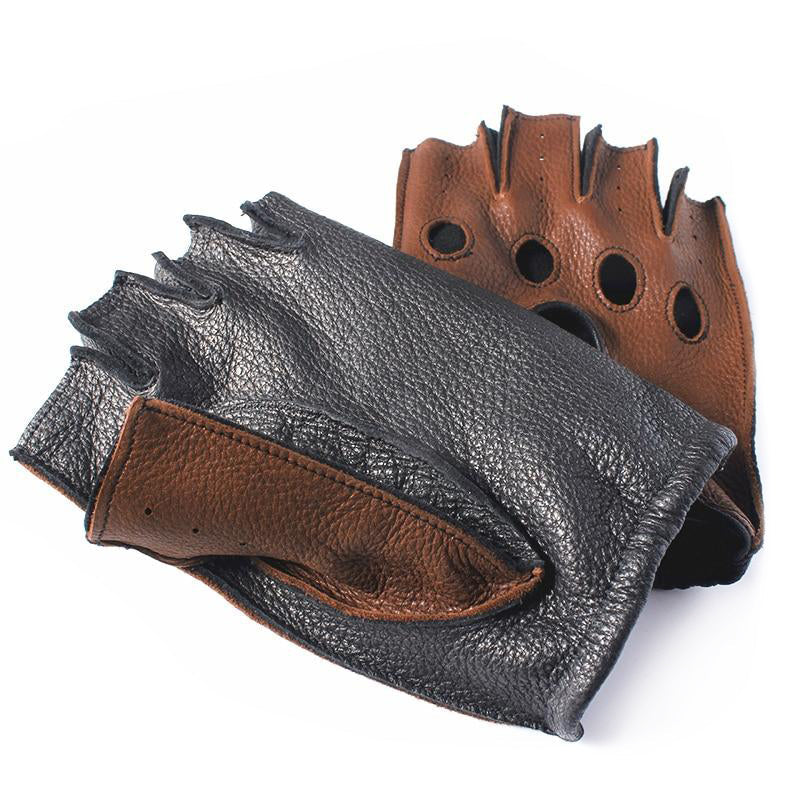 Men's Genuine Leather Gloves / Deerskin Fingerless Gloves / Rock 'n' Roll Driving Half finger