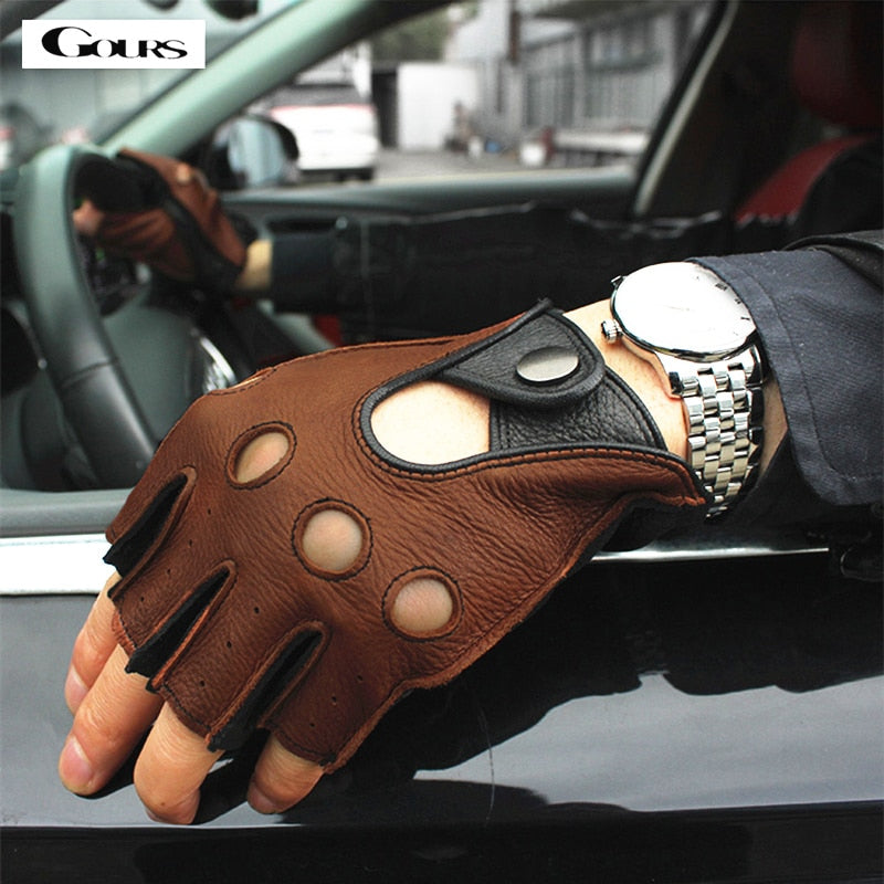 Men's Genuine Leather Gloves / Deerskin Fingerless Gloves / Rock 'n' Roll Driving Half finger