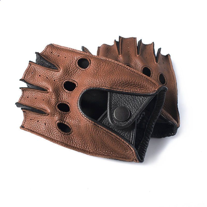 Men's Genuine Leather Gloves / Deerskin Fingerless Gloves / Rock 'n' Roll Driving Half finger