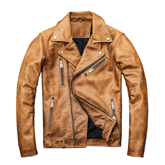 Men's Genuine Leather Motorcycle Jacket / Male Yellow Brown Jackets with Thick Turn Collar
