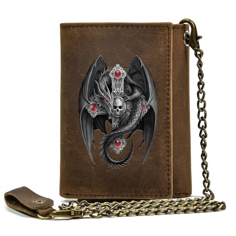 Men's Genuine Leather Wallet with Hasp With Iron Chain / Gothic Wallet with Cross and Dragon