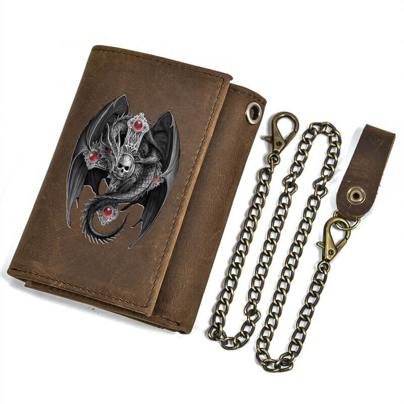 Men's Genuine Leather Wallet with Hasp With Iron Chain / Gothic Wallet with Cross and Dragon