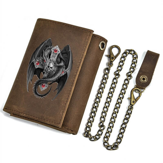Men's Genuine Leather Wallet with Hasp With Iron Chain / Gothic Wallet with Cross and Dragon