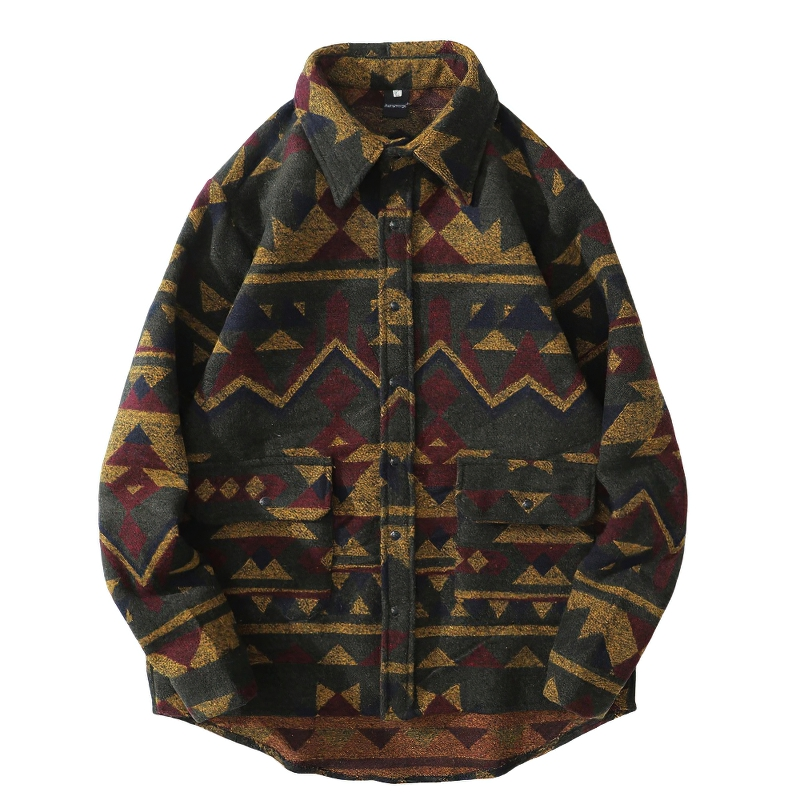 Men's Geometric Pattern Shirt with Big Pockets / Casual Thick Long Sleeve Shirts