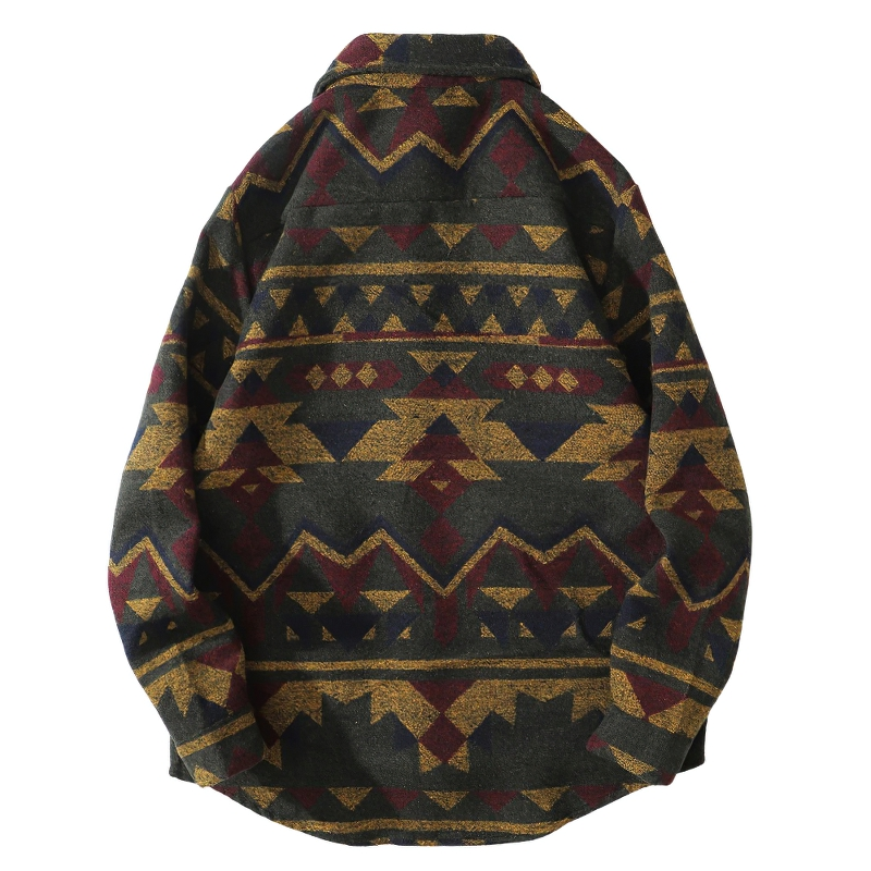 Men's Geometric Pattern Shirt with Big Pockets / Casual Thick Long Sleeve Shirts