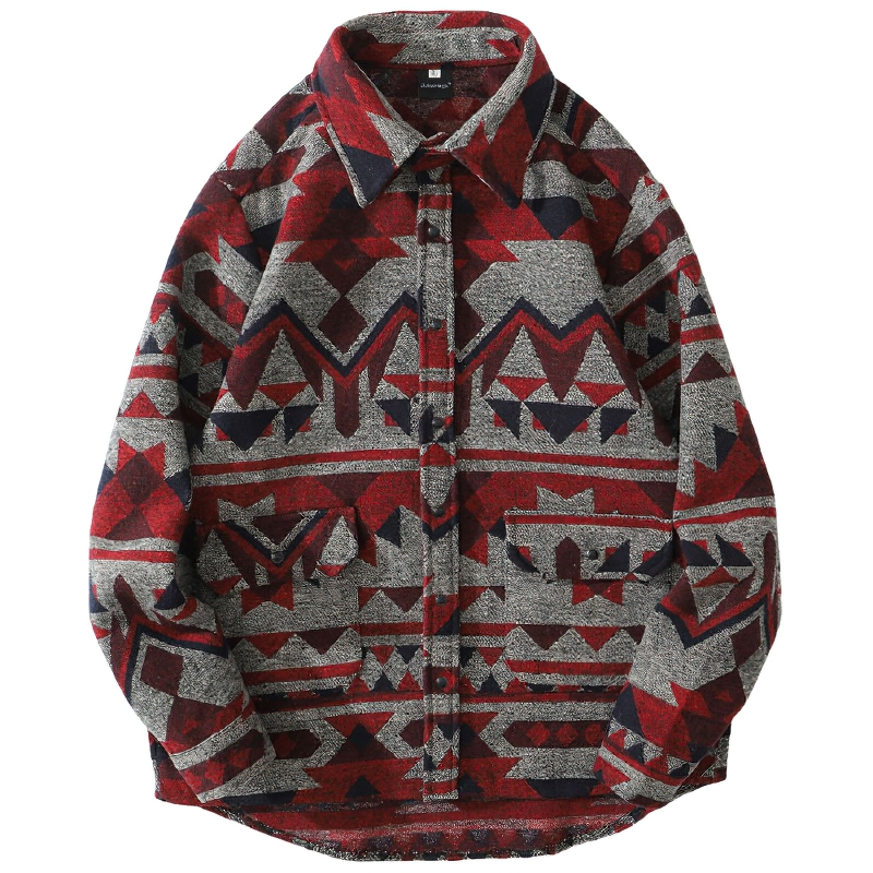 Men's Geometric Pattern Shirt with Big Pockets / Casual Thick Long Sleeve Shirts