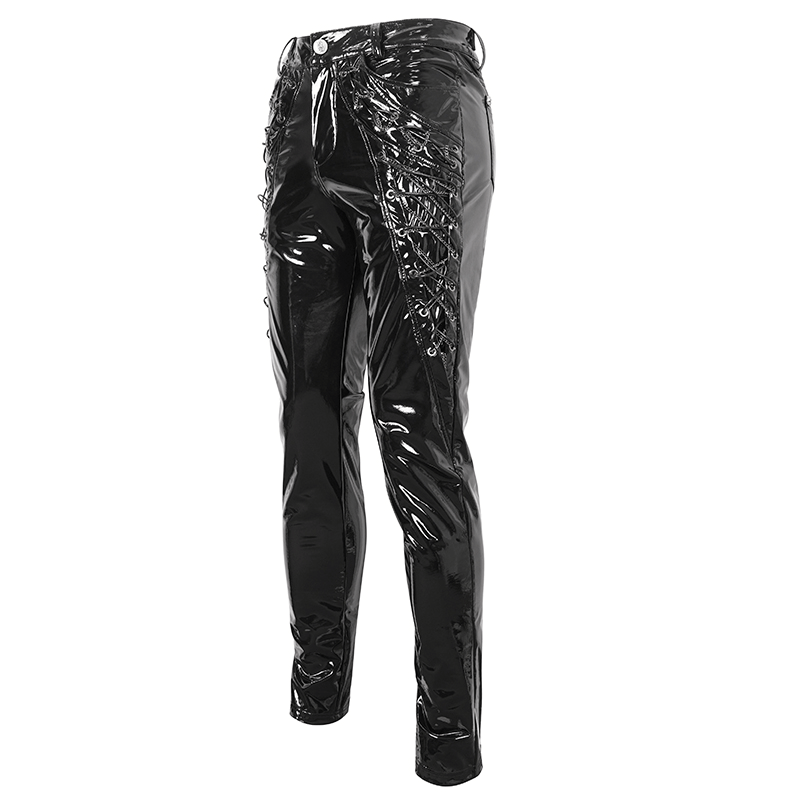 Men's Glossy Leather Lace-Up Fashion Trousers with Chains