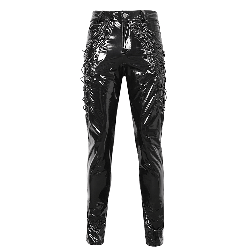 Men's Glossy Leather Lace-Up Fashion Trousers with Chains