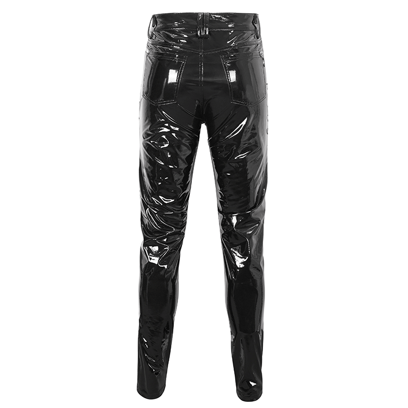 Men's Glossy Leather Lace-Up Fashion Trousers with Chains