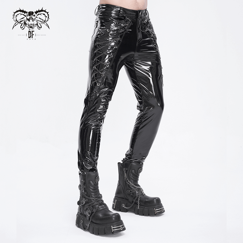 Men's Glossy Leather Lace-Up Fashion Trousers with Chains