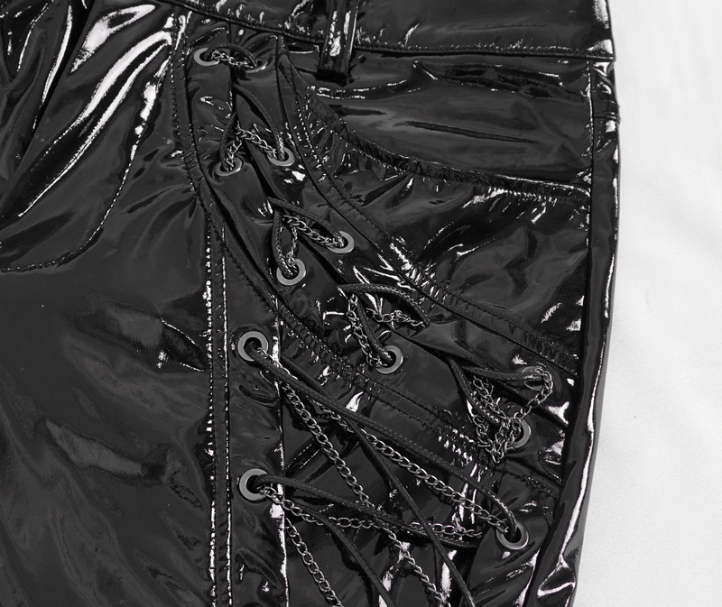 Men's Glossy Leather Lace-Up Fashion Trousers with Chains