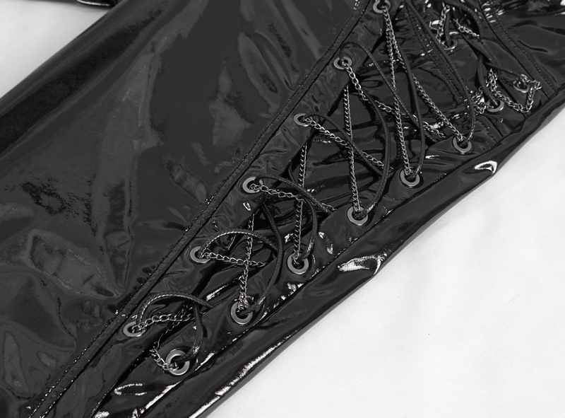 Men's Glossy Leather Lace-Up Fashion Trousers with Chains