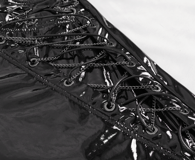 Men's Glossy Leather Lace-Up Fashion Trousers with Chains