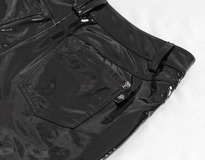 Men's Glossy Leather Lace-Up Fashion Trousers with Chains