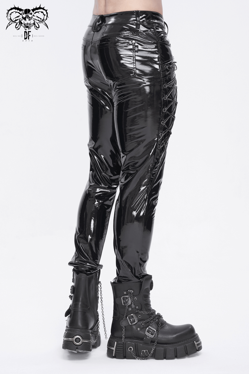 Men's Glossy Leather Lace-Up Fashion Trousers with Chains