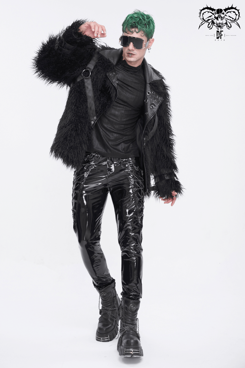 Men's Glossy Leather Lace-Up Fashion Trousers with Chains