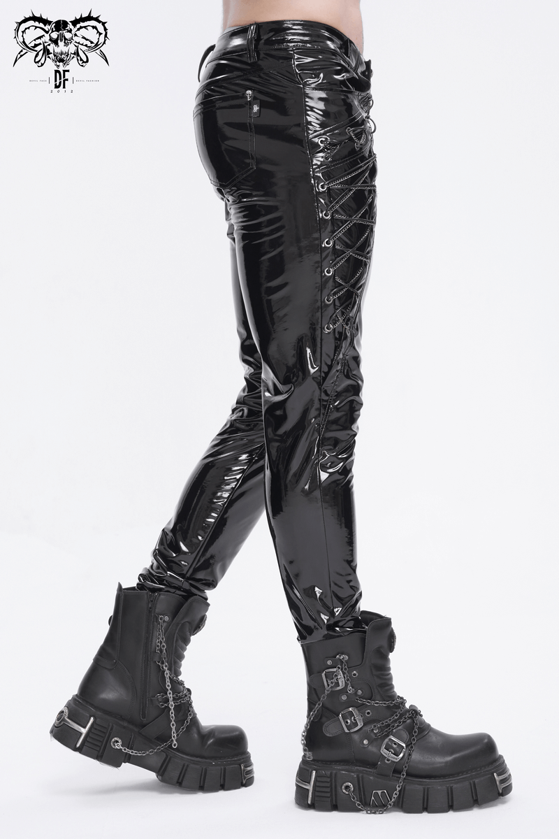 Men's Glossy Leather Lace-Up Fashion Trousers with Chains