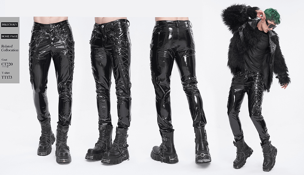 Men's Glossy Leather Lace-Up Fashion Trousers with Chains