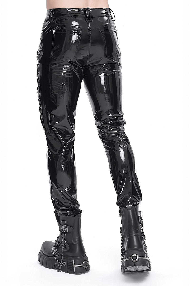 Men's Glossy Leather Lace-Up Fashion Trousers with Chains