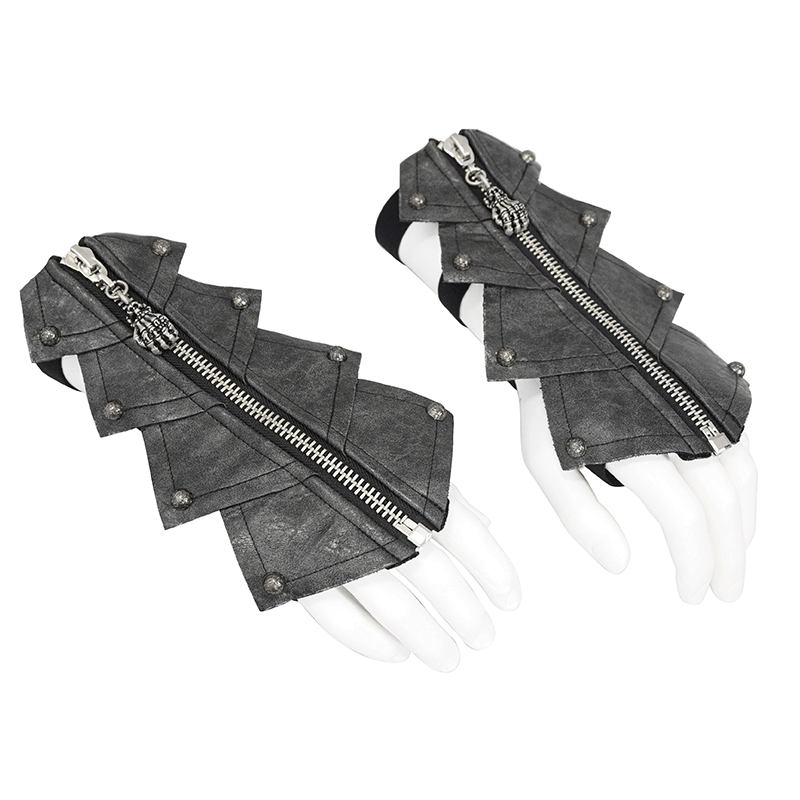 Men's Gothic Black Elastic Bandage Gloves with Rivets / Fashion Open Gloves with Skull Zipper