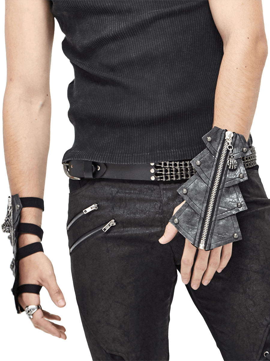 Men's Gothic Black Elastic Bandage Gloves with Rivets / Fashion Open Gloves with Skull Zipper