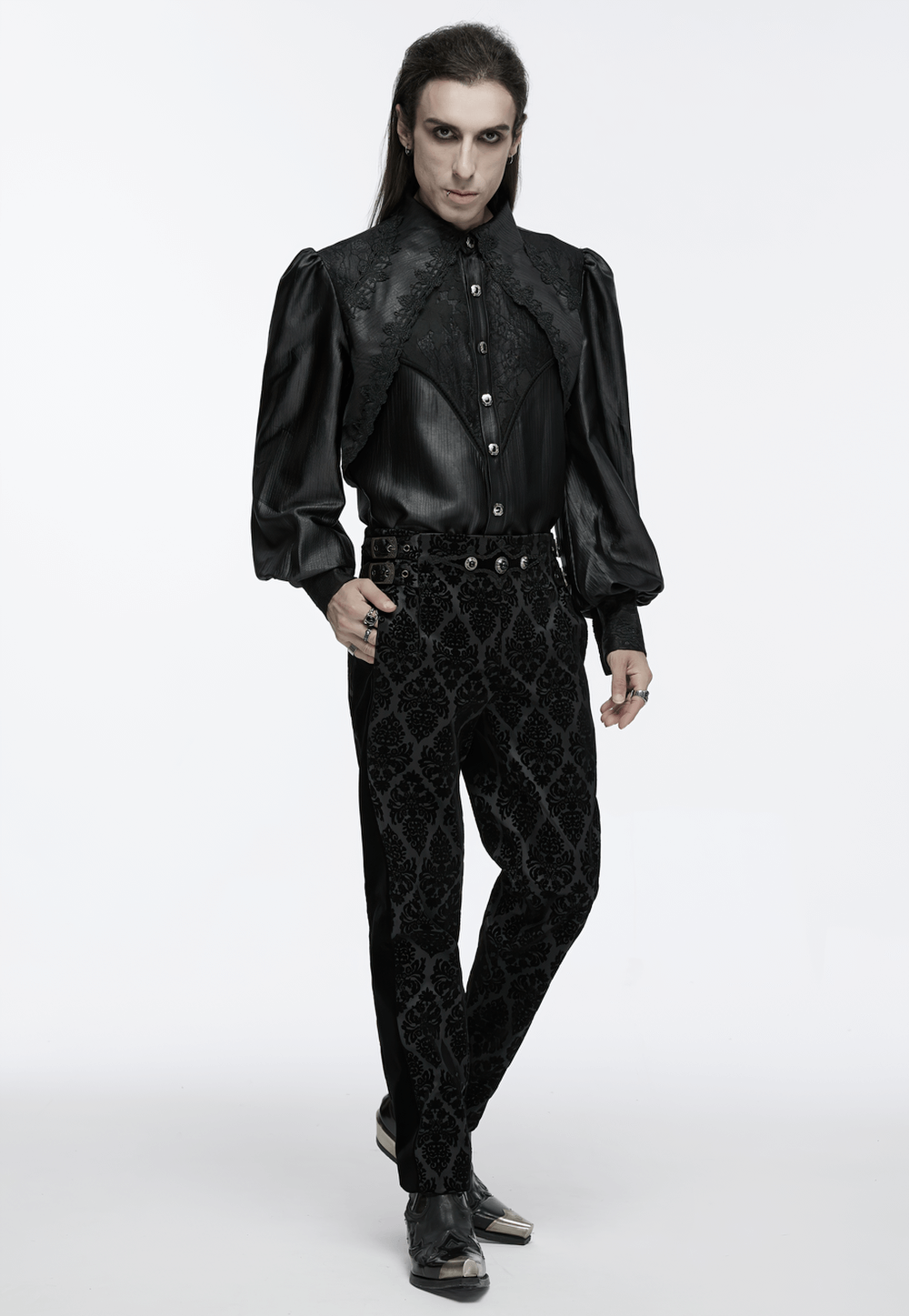 Men's Gothic Black Lace Shirt with Bubble Sleeves